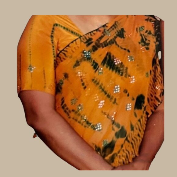 Mustard Yellow Shibori Tie Dye Saree Orange Green Chiffon Indian Sari - Picture 3 of 15